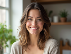 Realistic portrait of a smiling American woman in a bright kitchen, casually dressed, shown from shoulders up, with no hands visible.